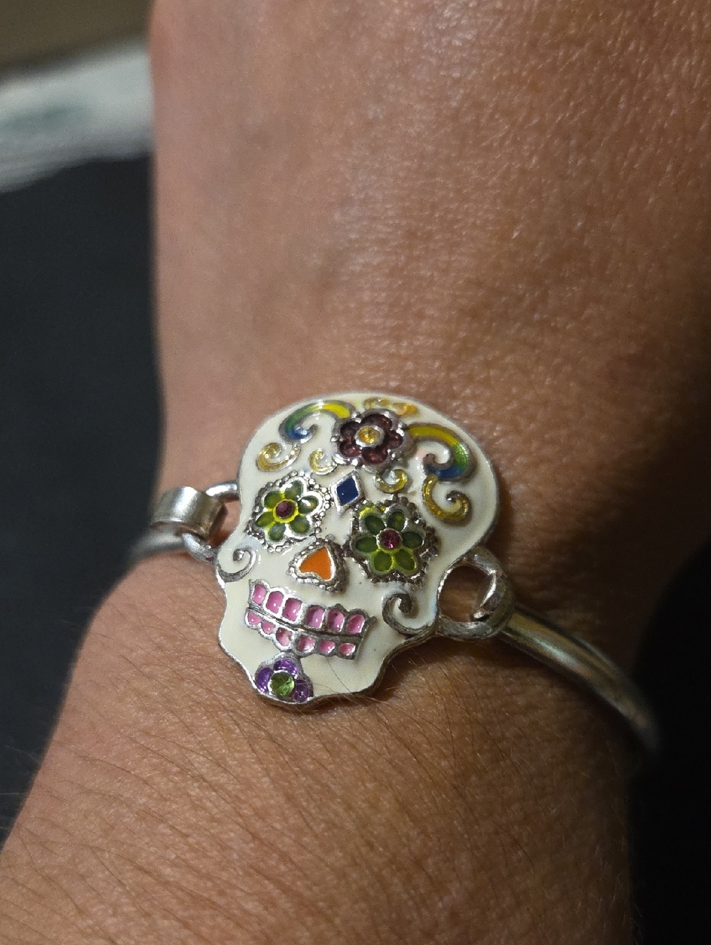 ⚡️2 For 20⚡️ilver Sugar Skull Cuff Bracelet with White Enamel